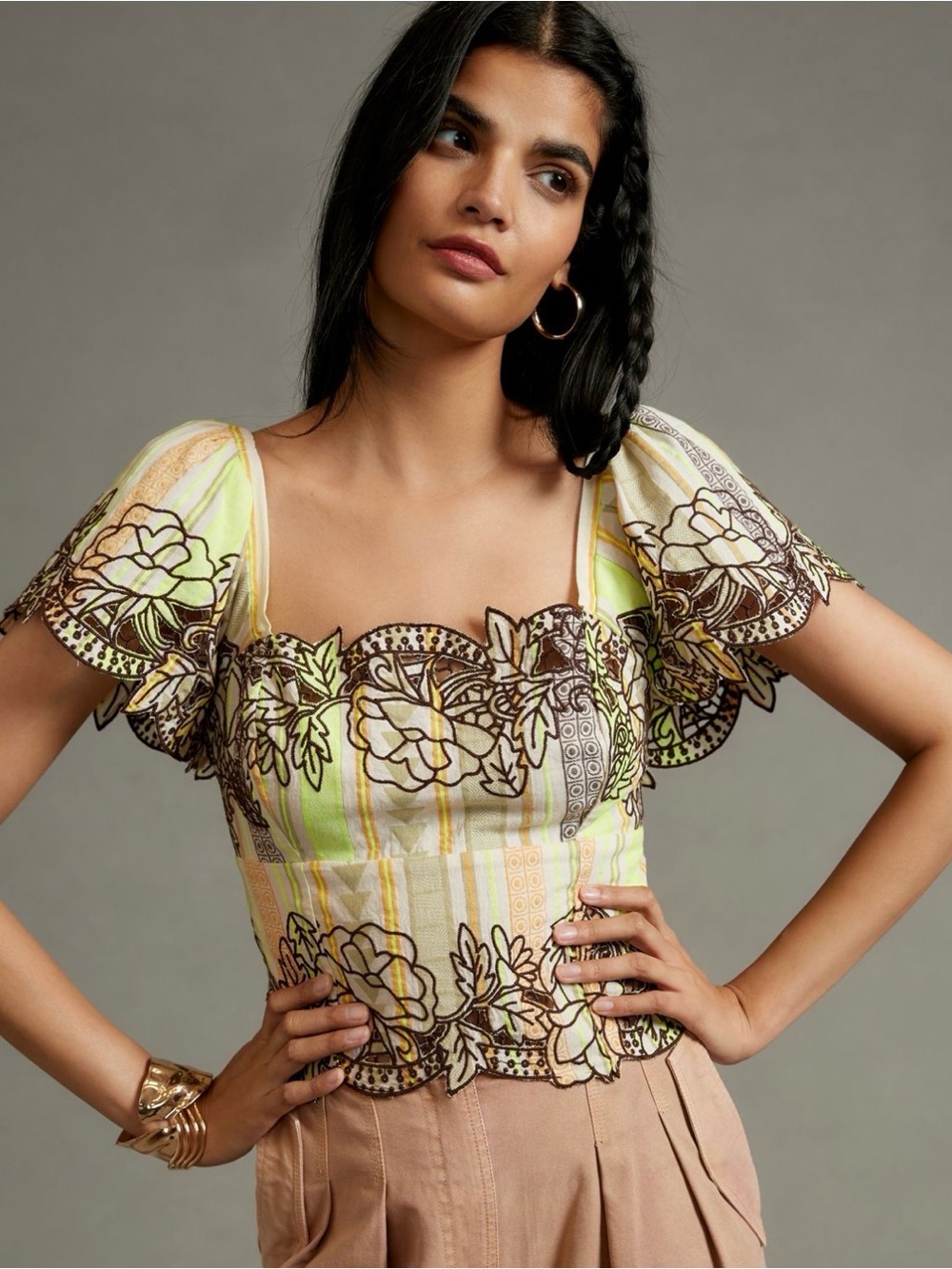 Anthropologie- Floral Embroidered Square-Neck Top in Yellow and Brown